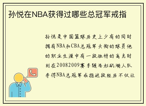 孙悦在NBA获得过哪些总冠军戒指